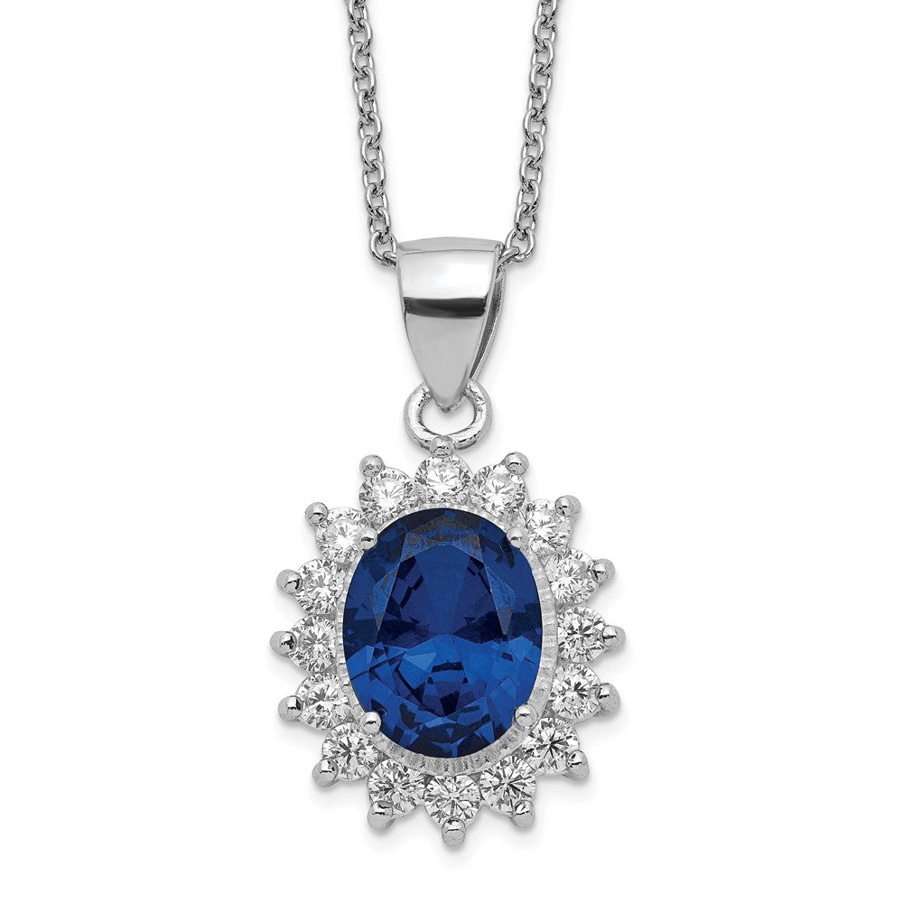 Cheryl M Sterling Silver Rhodium-plated Brilliant-cut Lab Created Dark Blue Spinel and Brilliant-cut White CZ Oval Halo 18...