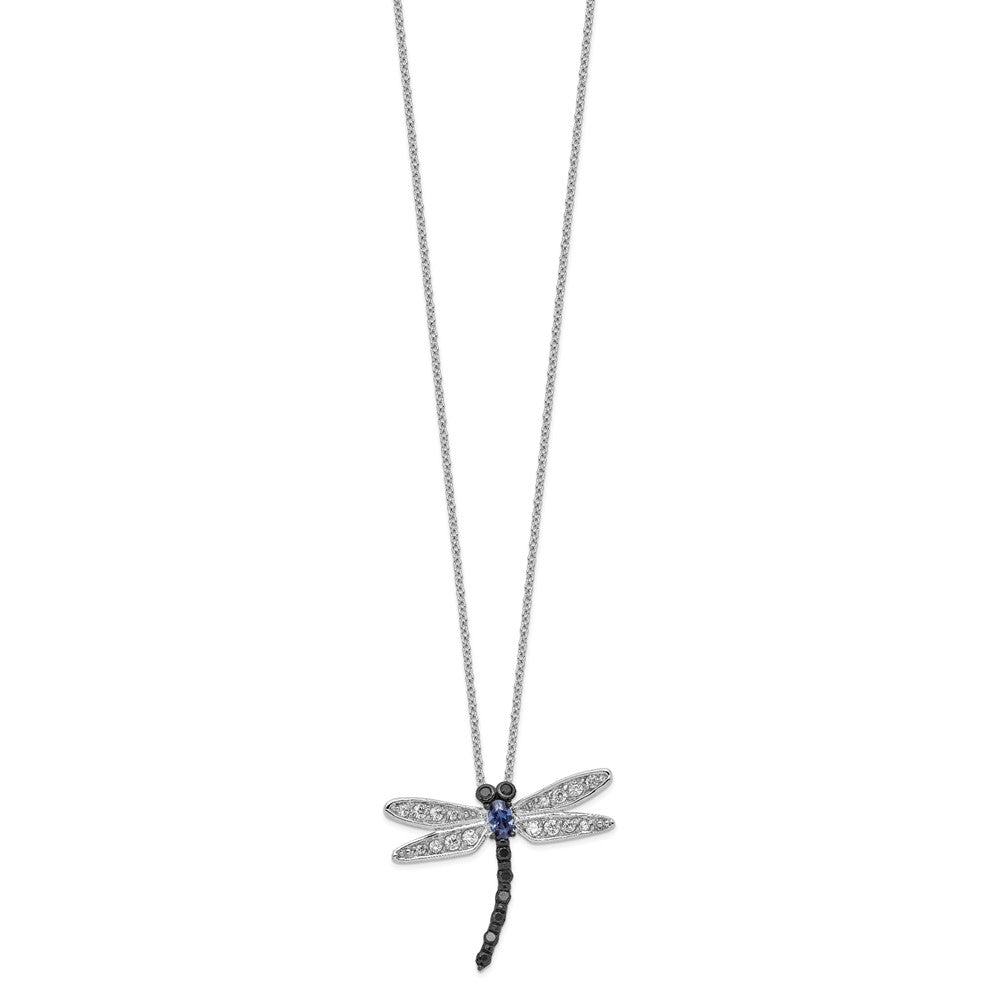 Cheryl M Sterling Silver Rhodium-plated with Black Rhodium Accent Brilliant-cut Black White and Blue CZ Dragonfly 18 Inch ...