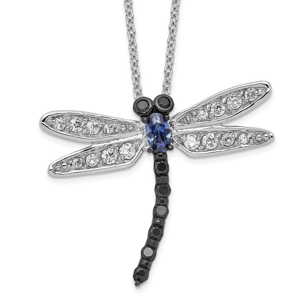 Cheryl M Sterling Silver Rhodium-plated with Black Rhodium Accent Brilliant-cut Black White and Blue CZ Dragonfly 18 Inch ...