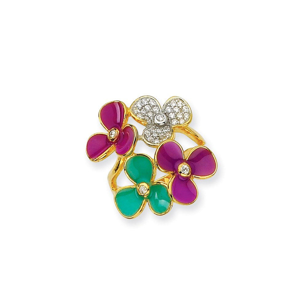 Sterling Silver CZ Enamel and Gold-Plated Flower Ring