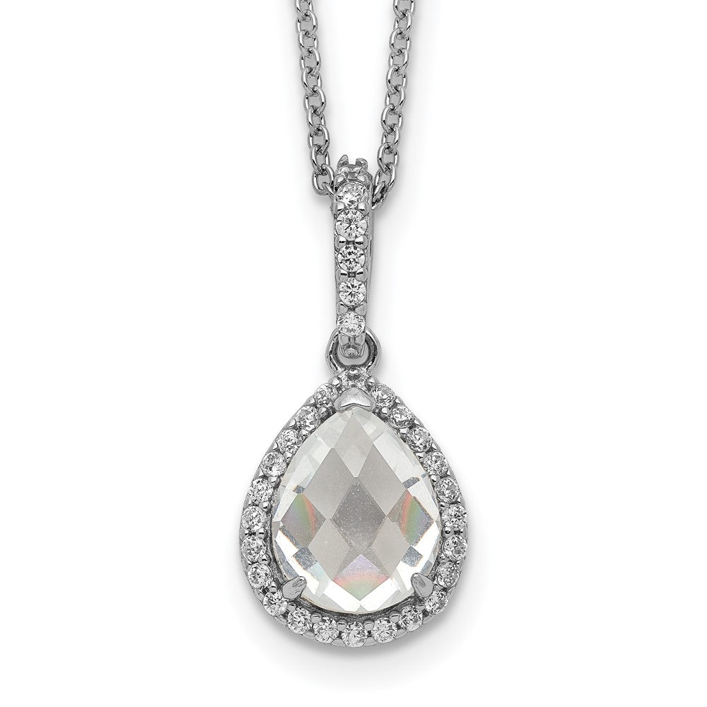 Cheryl M Sterling Silver Rhodium-plated Checkerboard-cut and Brilliant-cut CZ Halo Teardrop 18 Inch Necklace