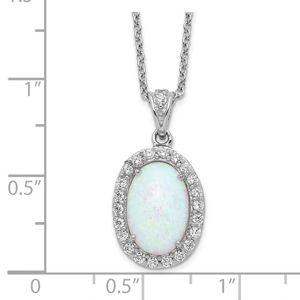 Cheryl M Sterling Silver Rhodium-plated Cabochon Lab Created Opal and Brilliant-cut CZ Oval Halo 18 Inch Necklace