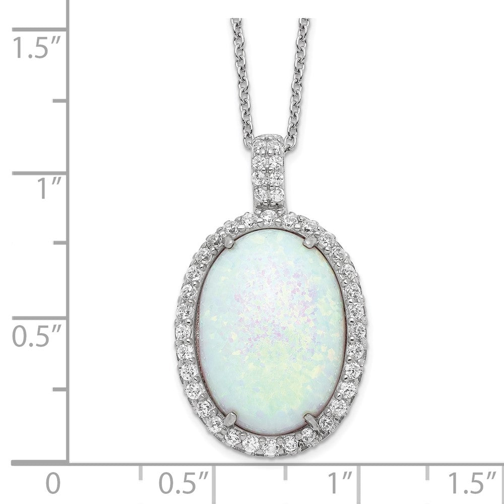 Cheryl M Sterling Silver Rhodium-plated Cabochon Lab Created Opal and Brilliant-cut CZ Oval Halo 18 Inch Necklace