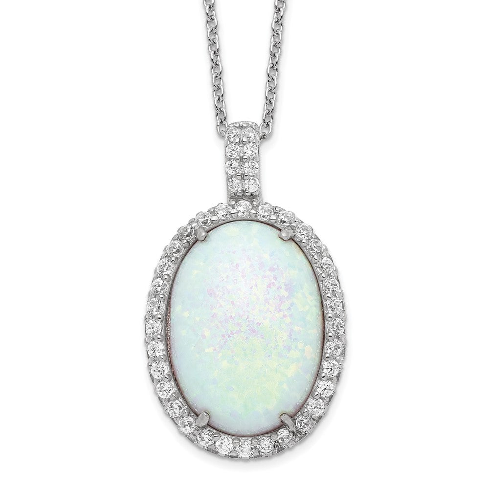 Cheryl M Sterling Silver Rhodium-plated Cabochon Lab Created Opal and Brilliant-cut CZ Oval Halo 18 Inch Necklace