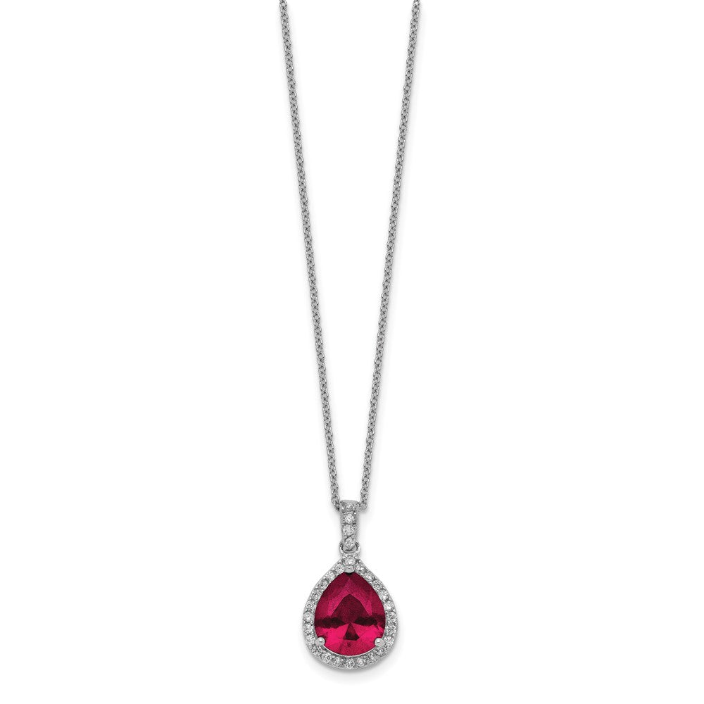 Cheryl M Sterling Silver Rhodium-plated Brilliant-cut Lab Created Ruby and Brilliant-cut White CZ Teardrop Halo 18 Inch Ne...