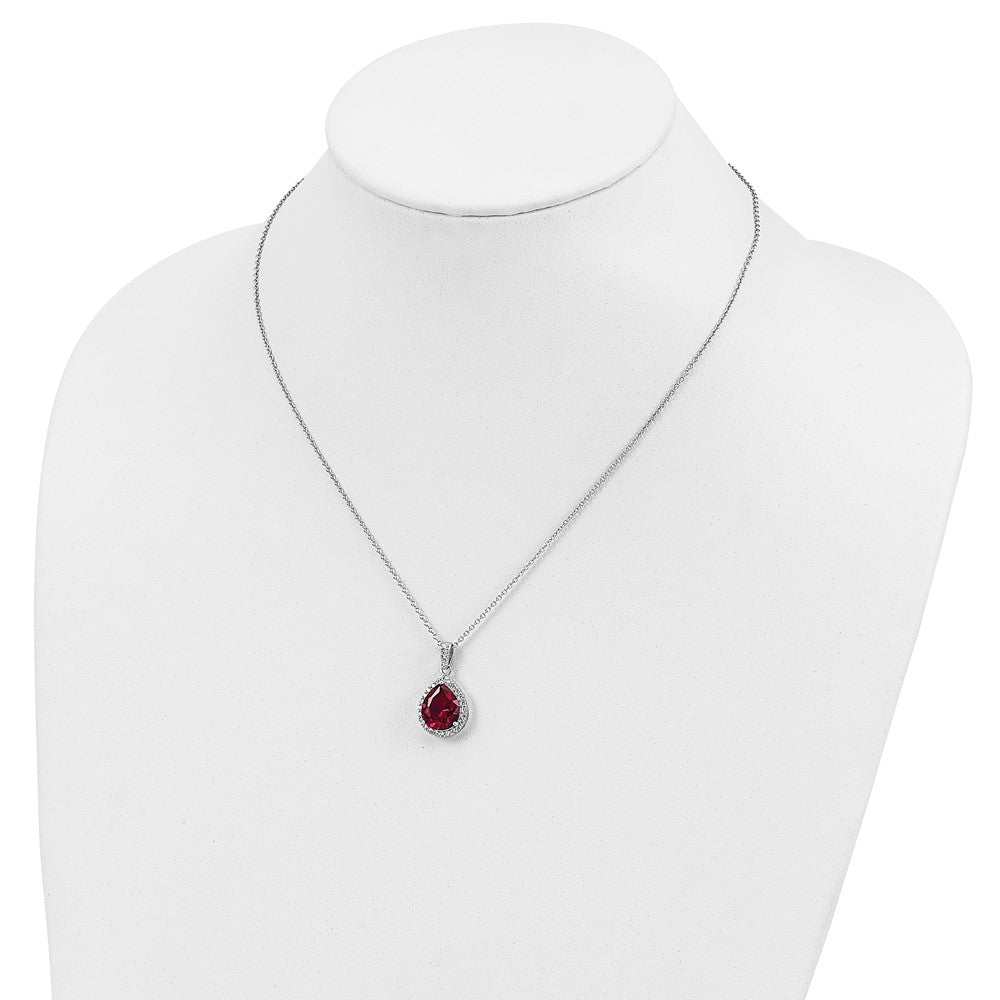 Cheryl M Sterling Silver Rhodium-plated Brilliant-cut Lab Created Ruby and Brilliant-cut White CZ Teardrop Halo 18 Inch Ne...