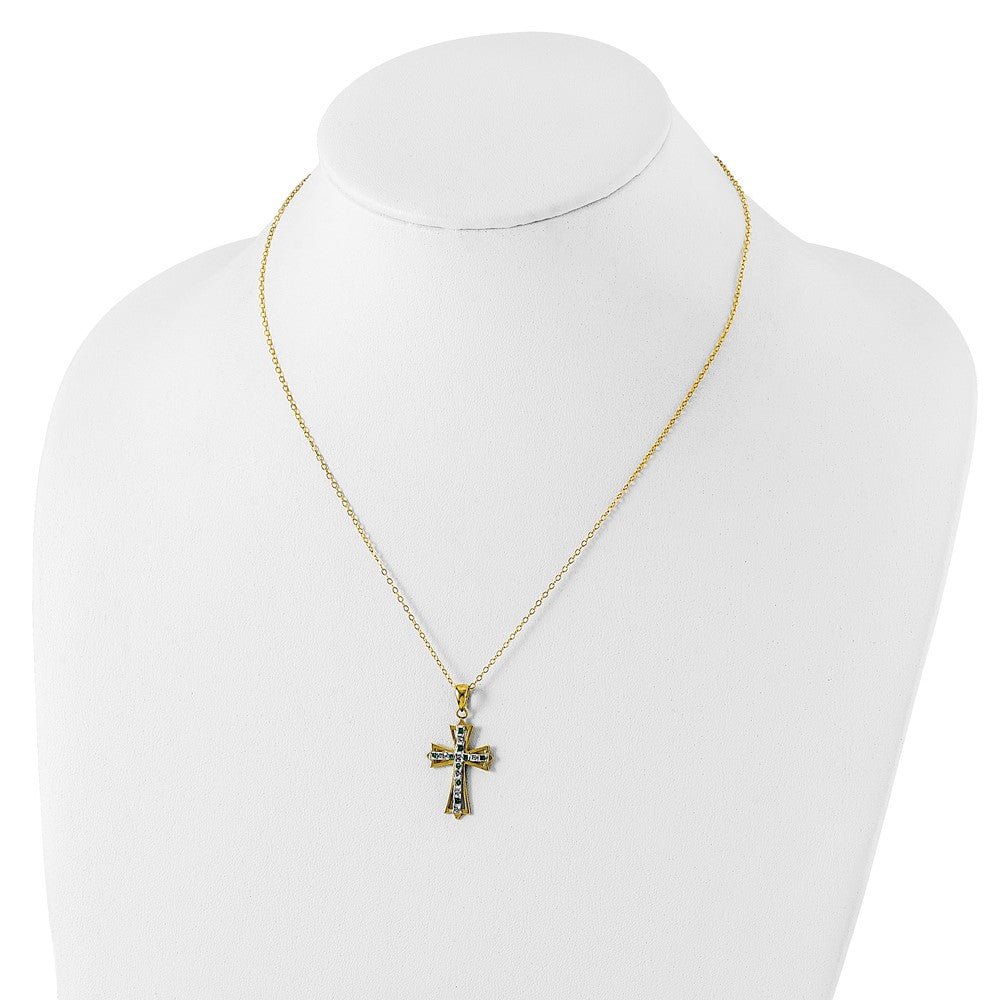 Diamond Fascination Diamond Mystique Sterling Silver 18K Gold-plated Diamond and Emerald Cross 18 Inch Necklace