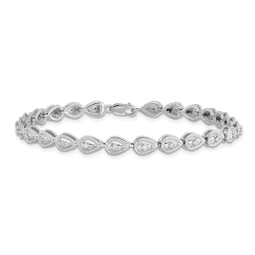 Sterling Silver Rhodium Plated Diamond Teardrop Link Bracelet