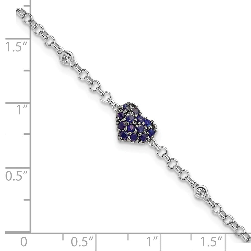 Sterling Silver Rhodium Diam. & Sapphire Heart Bracelet