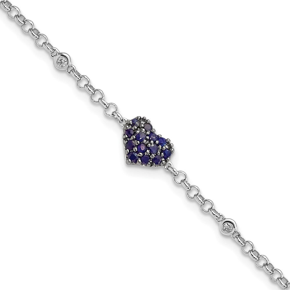 Sterling Silver Rhodium Diam. & Sapphire Heart Bracelet