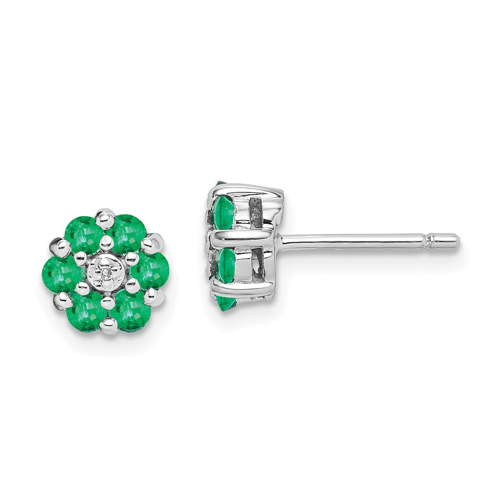 Sterling Silver Rhodium Emerald & Diamond Post Earrings