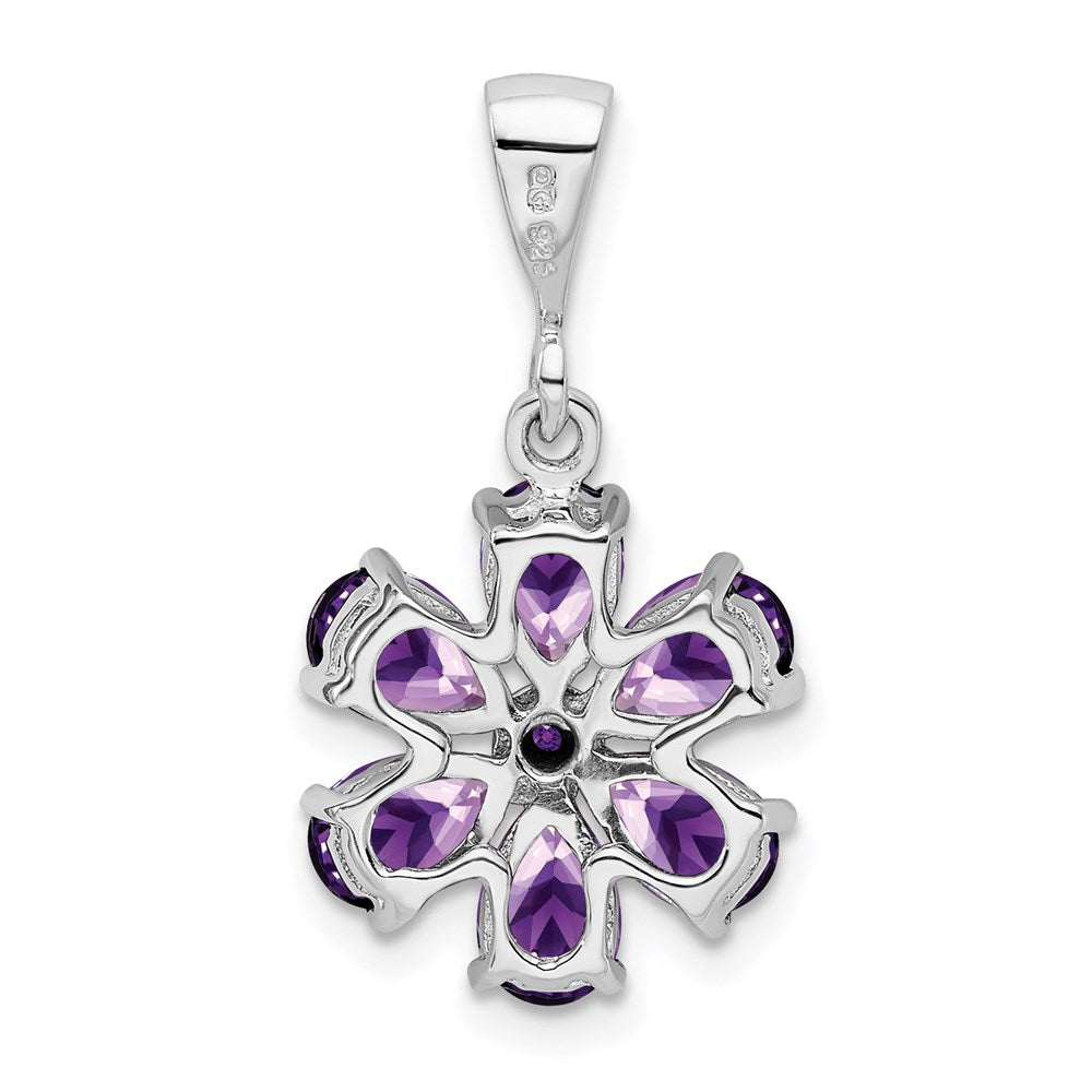 Sterling Silver Rhodium Plated Amethyst and Diamond Flower Pendant