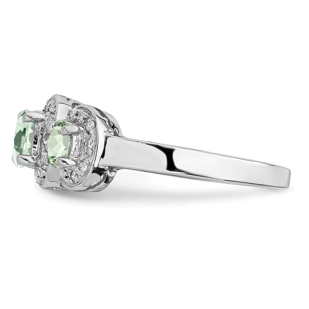 Sterling Silver Rhodium 3 Stone Green Quartz & Diamond Ring