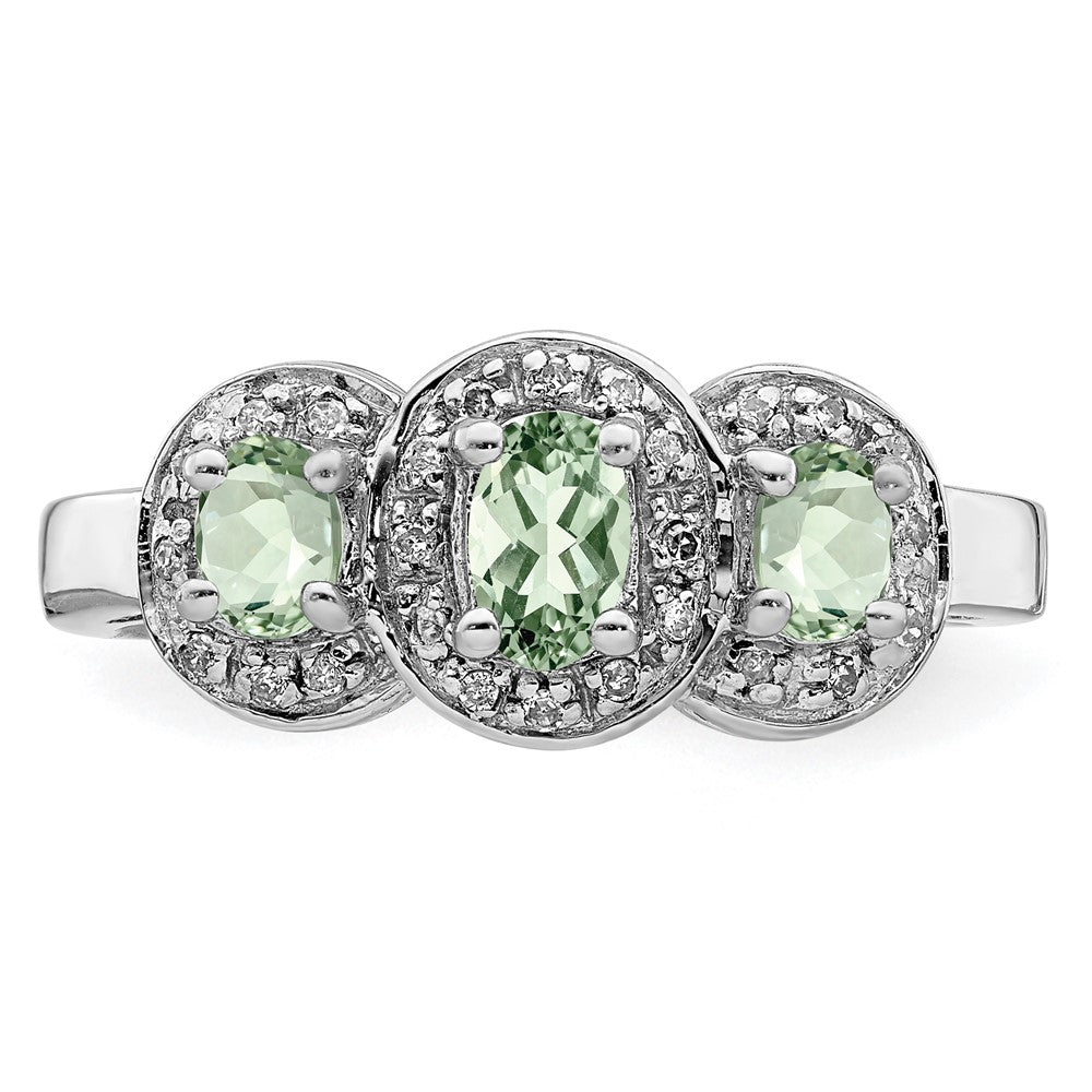 Sterling Silver Rhodium 3 Stone Green Quartz & Diamond Ring