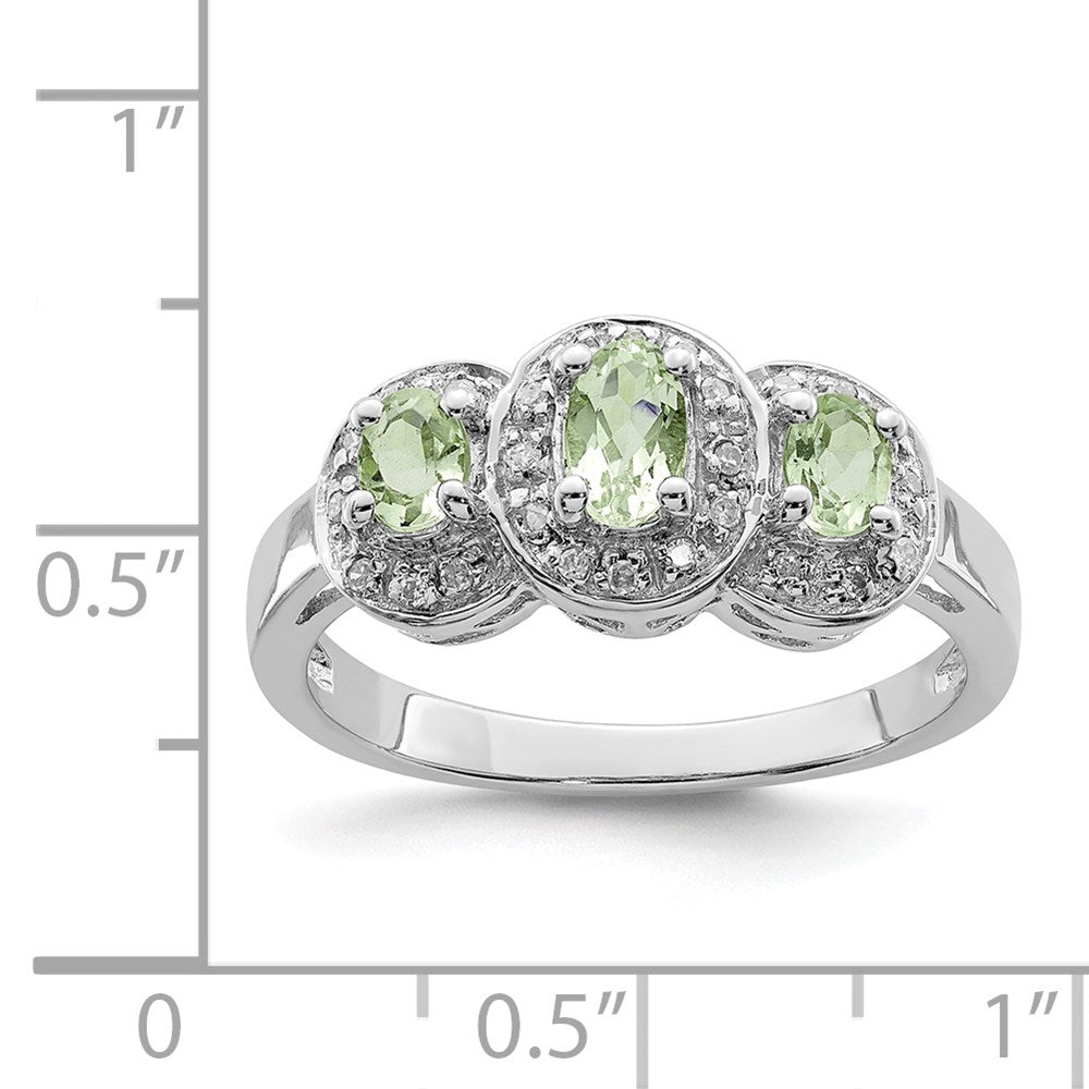 Sterling Silver Rhodium 3 Stone Green Quartz & Diamond Ring