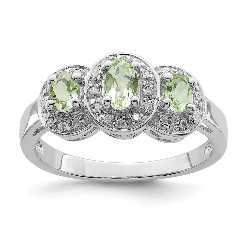 Sterling Silver Rhodium 3 Stone Green Quartz & Diamond Ring