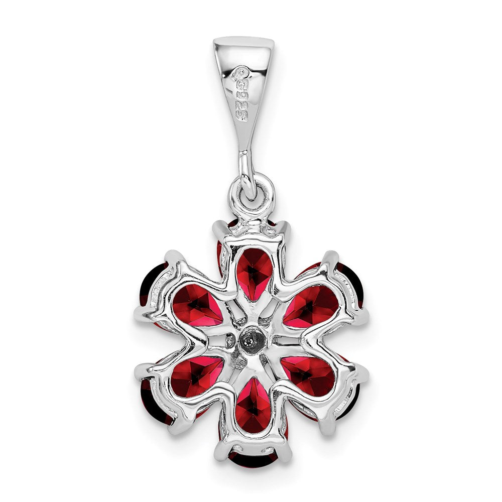 Sterling Silver Rhodium Garnet & Diamond Flower Pendant