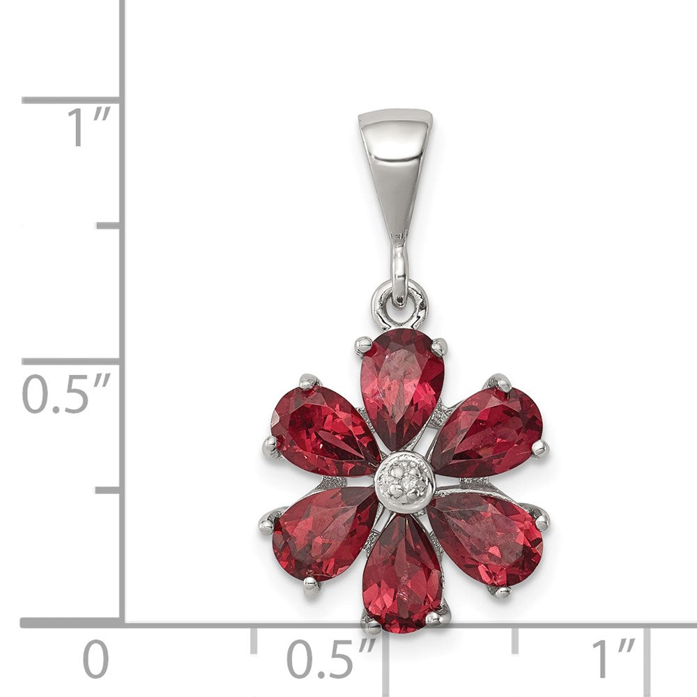 Sterling Silver Rhodium Garnet & Diamond Flower Pendant