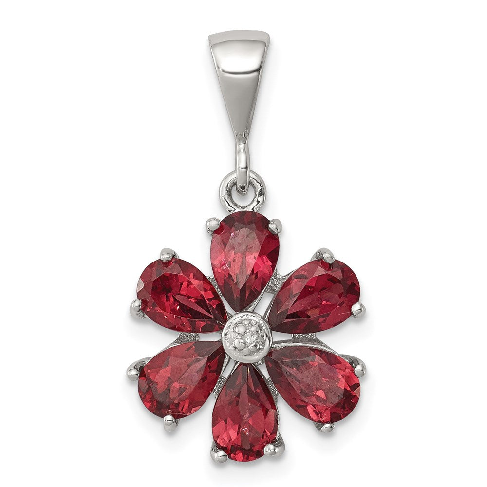 Sterling Silver Rhodium Garnet & Diamond Flower Pendant