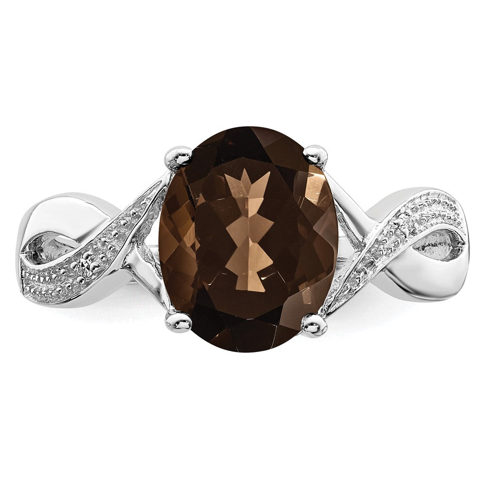 Sterling Silver Rhodium Smoky Quartz & Diamond Ring