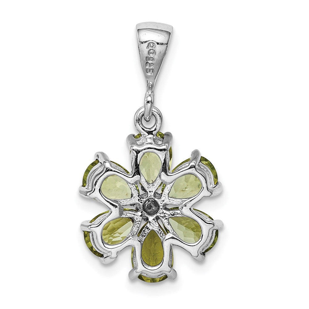 Sterling Silver Rhodium Plated Peridot and Diamond Flower Pendant