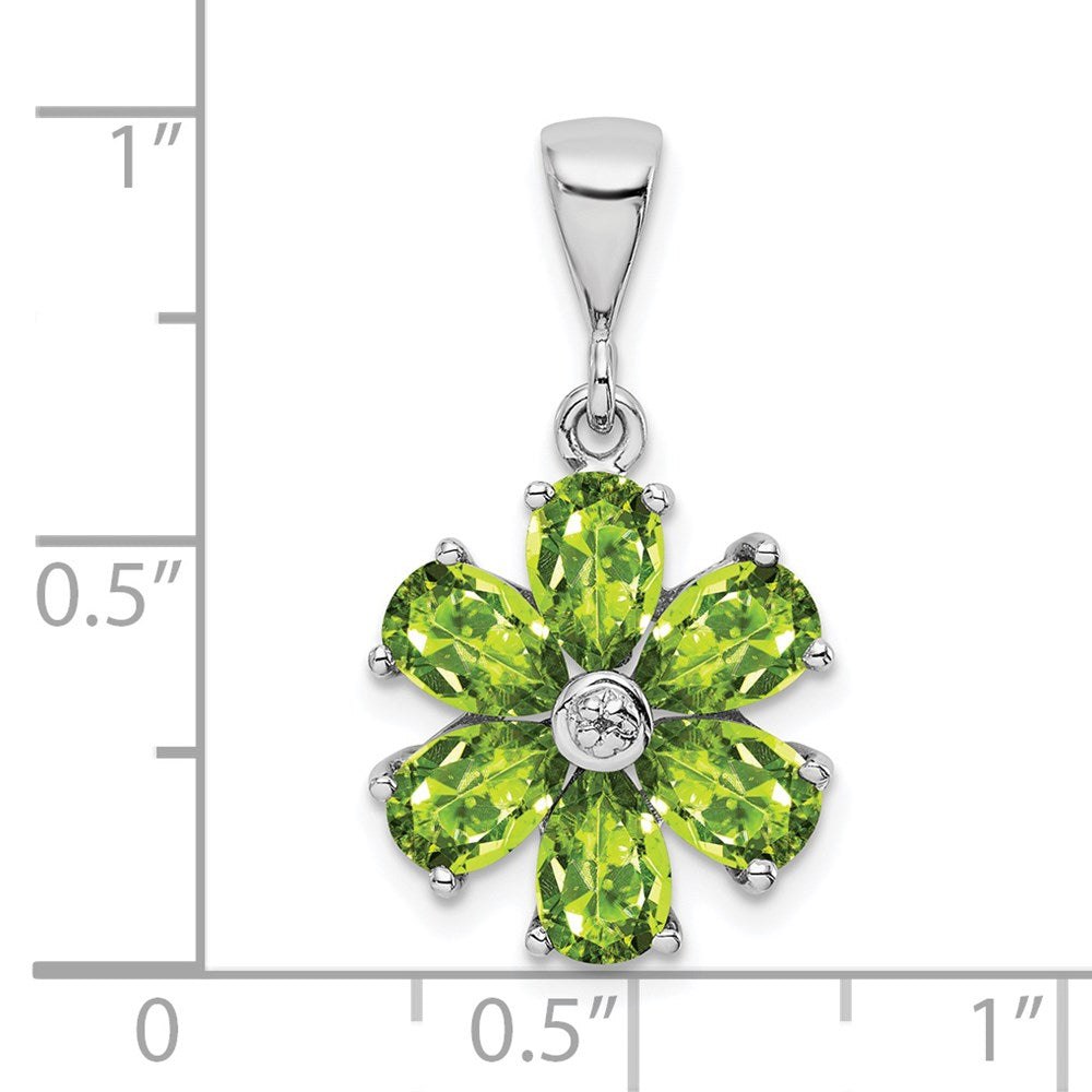 Sterling Silver Rhodium Plated Peridot and Diamond Flower Pendant