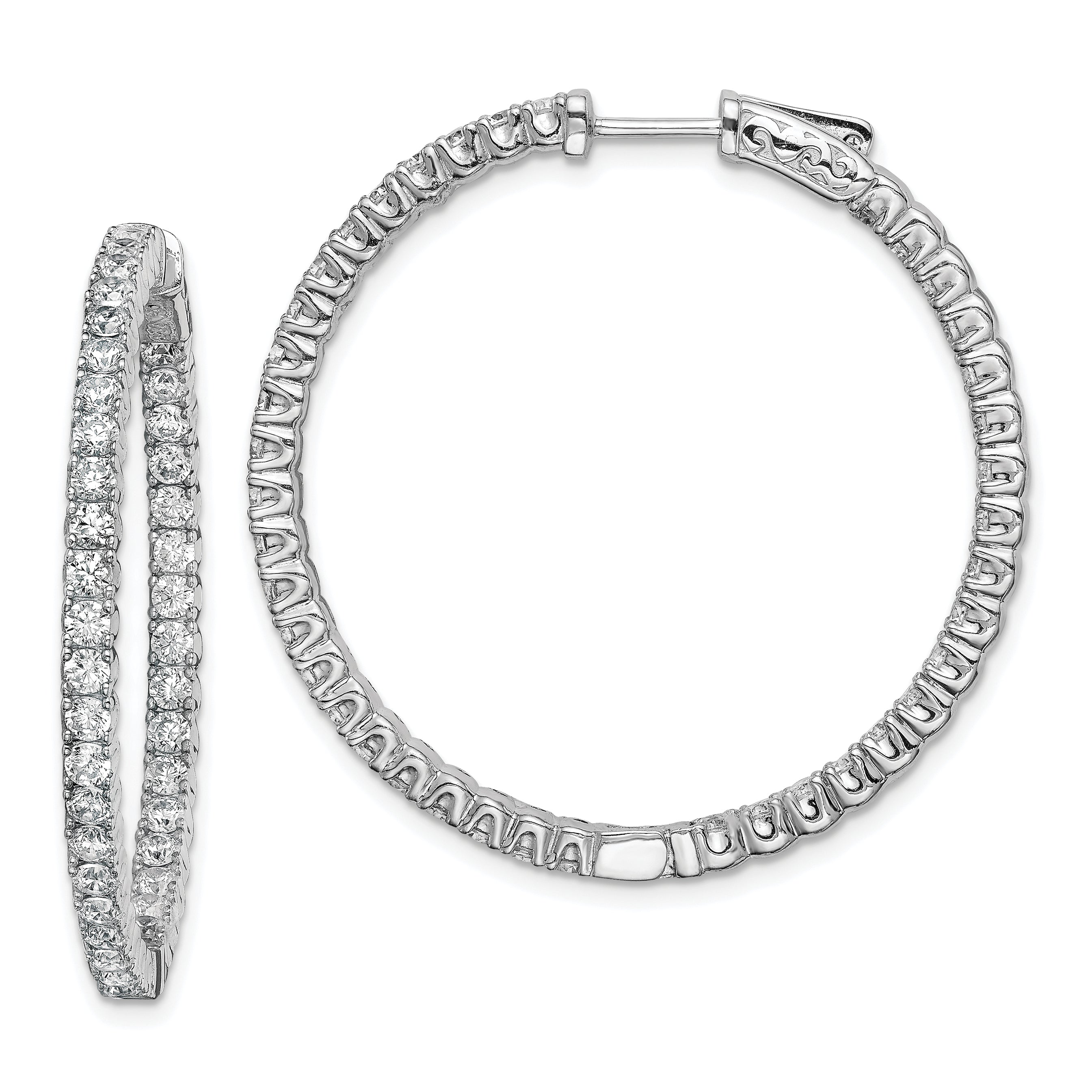 Sterling Silver Rhodium-plated CZ 80 Stones In & Out Hoop Earrings QE11060