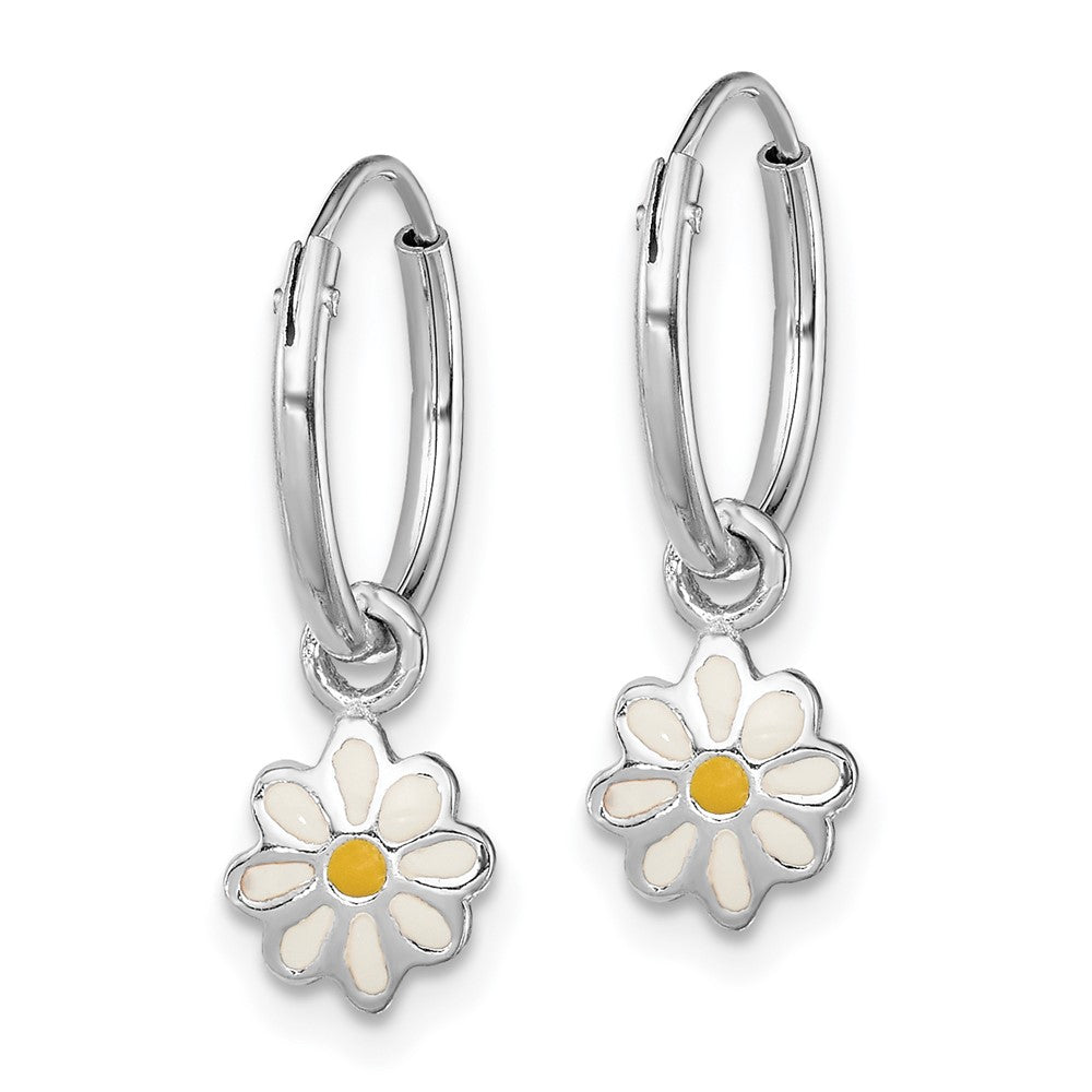 Sterling Silver Rhodium-plated Polished Yellow & White Enamel Daisy Dangle Children's Round Hoop Earrings