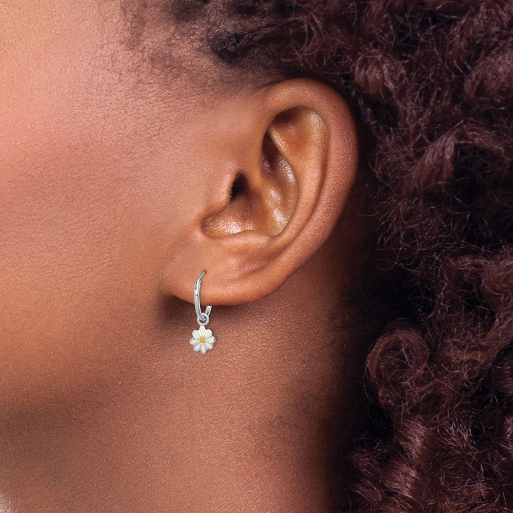 Sterling Silver Rhodium-plated Polished Yellow & White Enamel Daisy Dangle Children's Round Hoop Earrings