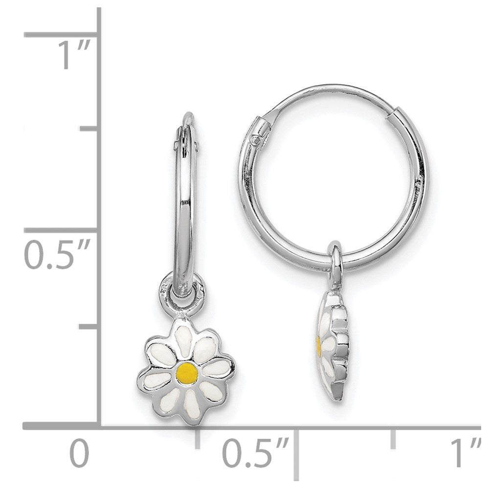 Sterling Silver Rhodium-plated Polished Yellow & White Enamel Daisy Dangle Children's Round Hoop Earrings