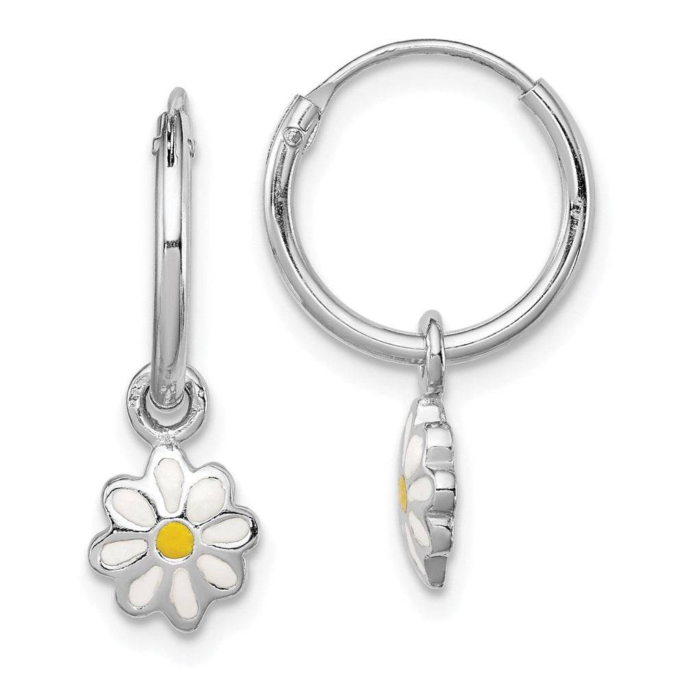 Sterling Silver Rhodium-plated Polished Yellow & White Enamel Daisy Dangle Children's Round Hoop Earrings