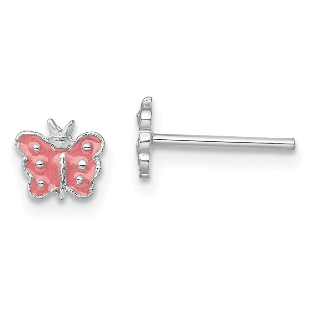 Sterling Silver Rhodium-plated Polished Pink Enameled Butterfly Children's Post Earrings