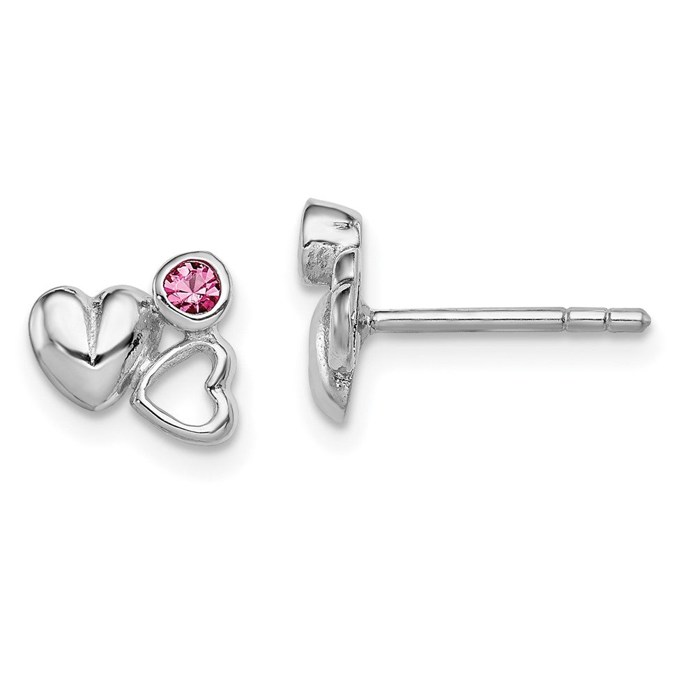 Sterling Silver Rhodium-plated Polished Pink Preciosa Crystal Double Heart Children's Post Earrings