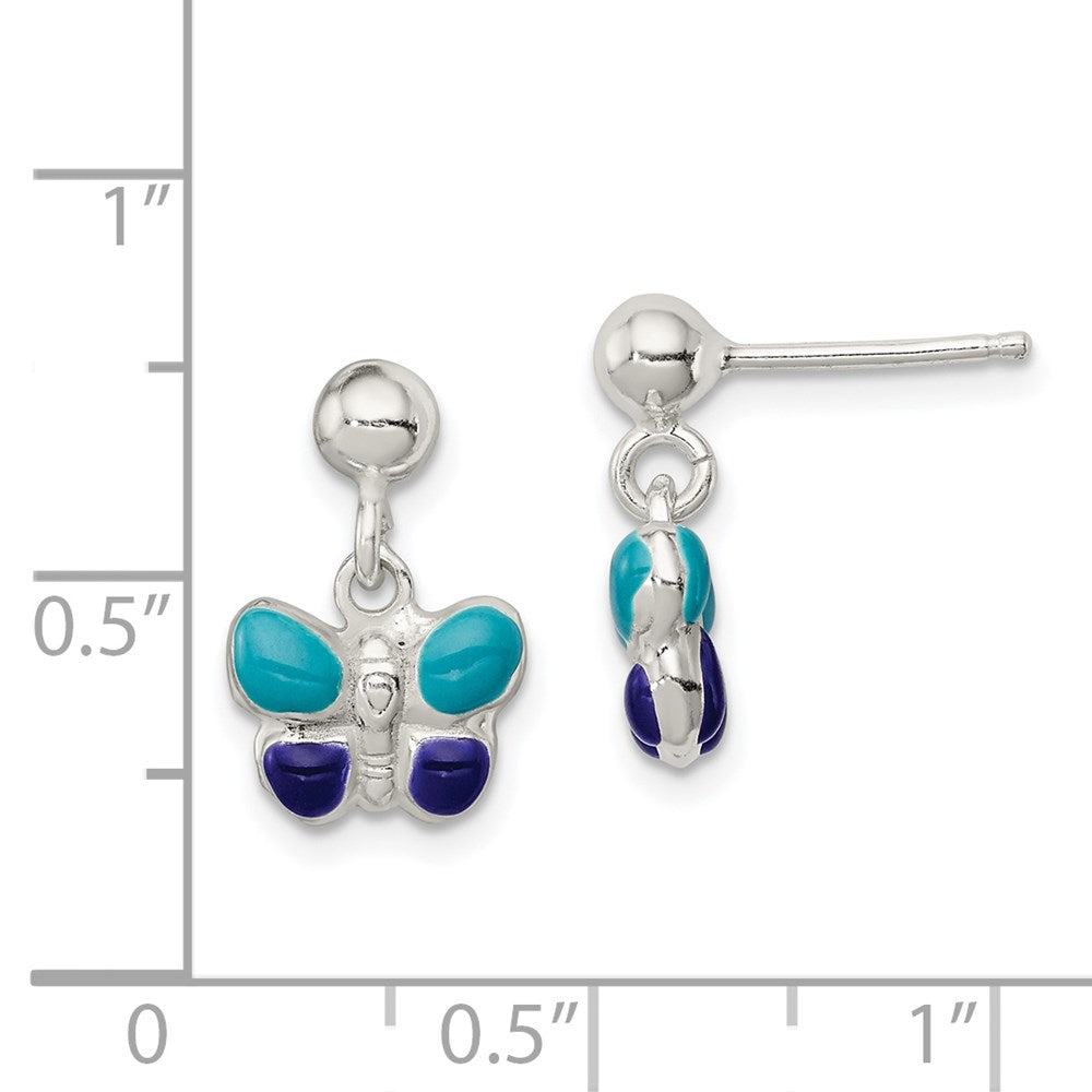 Sterling Silver Polished Blue & Purple Enameled Butterfly Children's Post Dangle Earrings