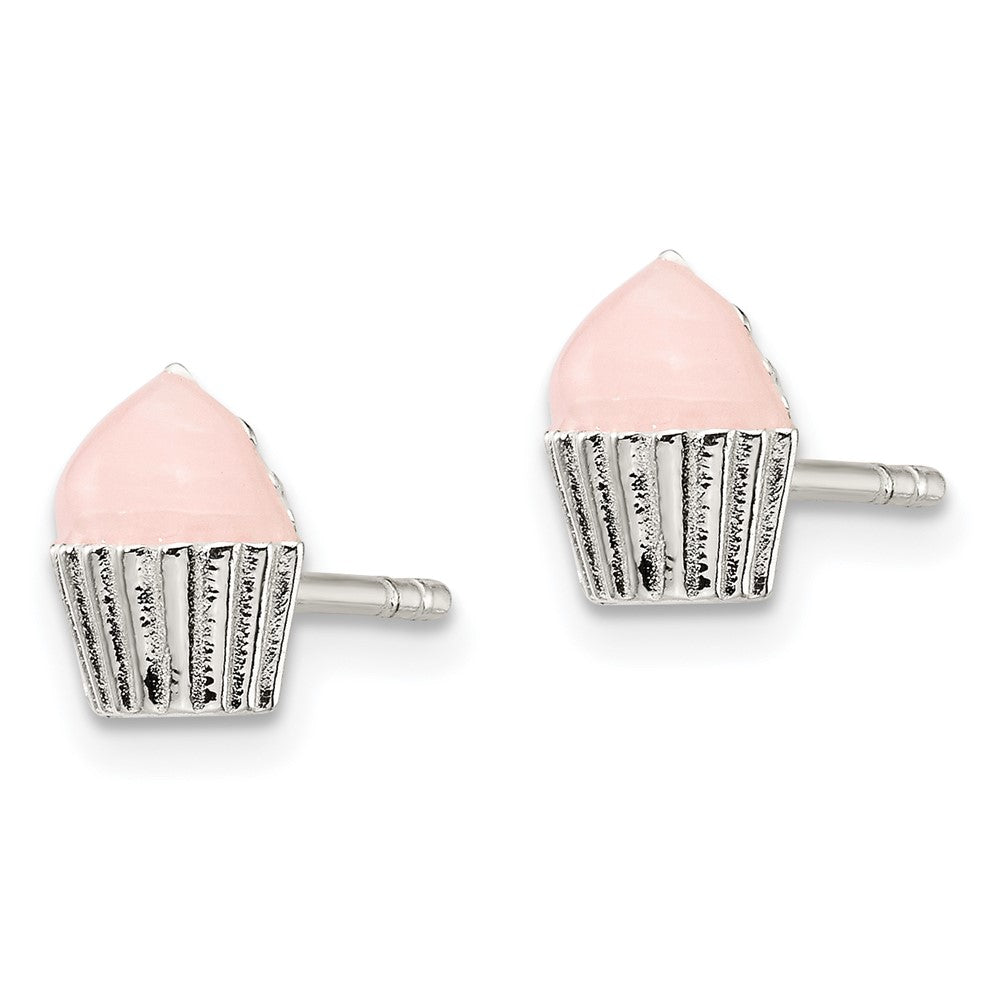 Sterling Silver Polished Pink Enameled Cupcake Children's Post Earrings