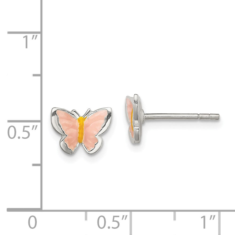 Sterling Silver Polished Pink & Orange Enameled Butterfly Children's Post Earrings