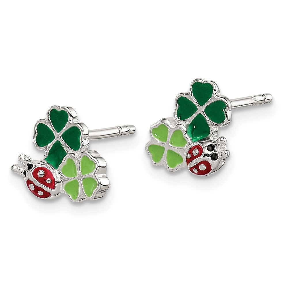 Sterling Silver Enamel Ladybug & Clovers Children's Post Earrings