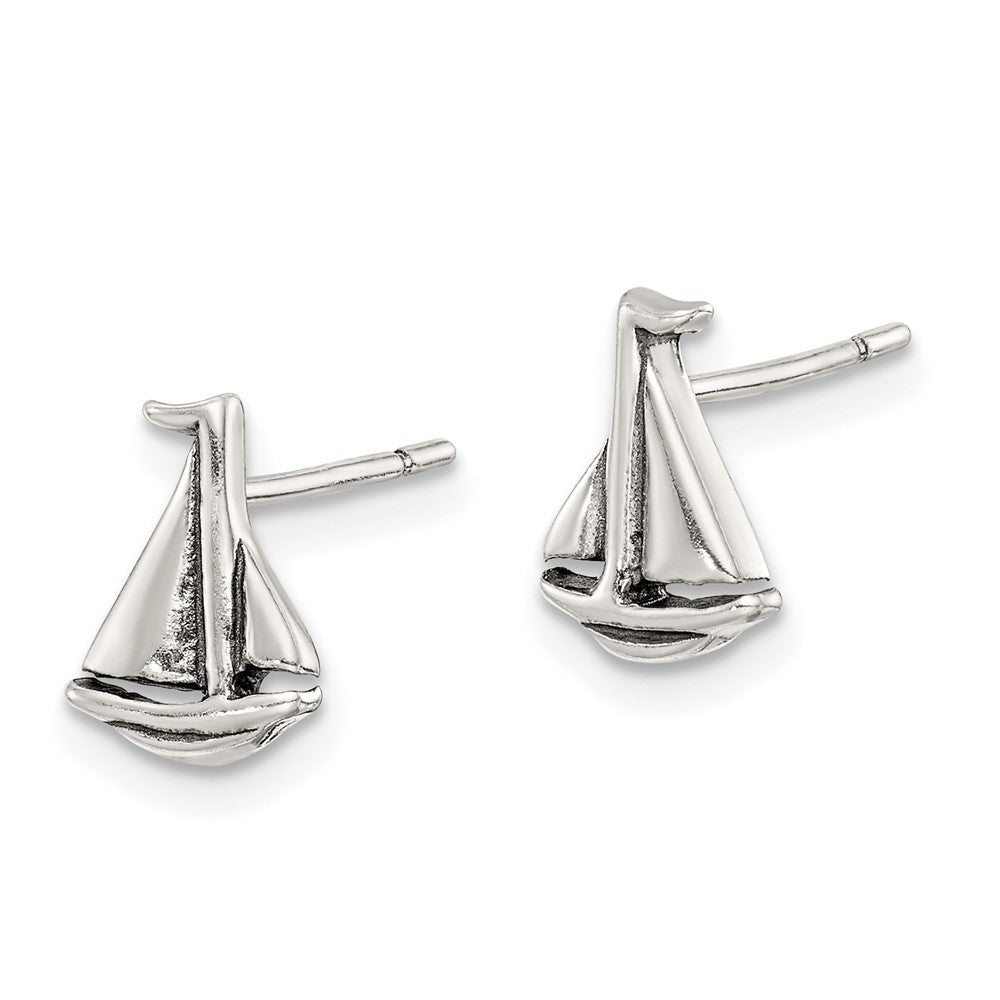 Sterling Silver Polished and Antiqued Sailboat Post Earrings