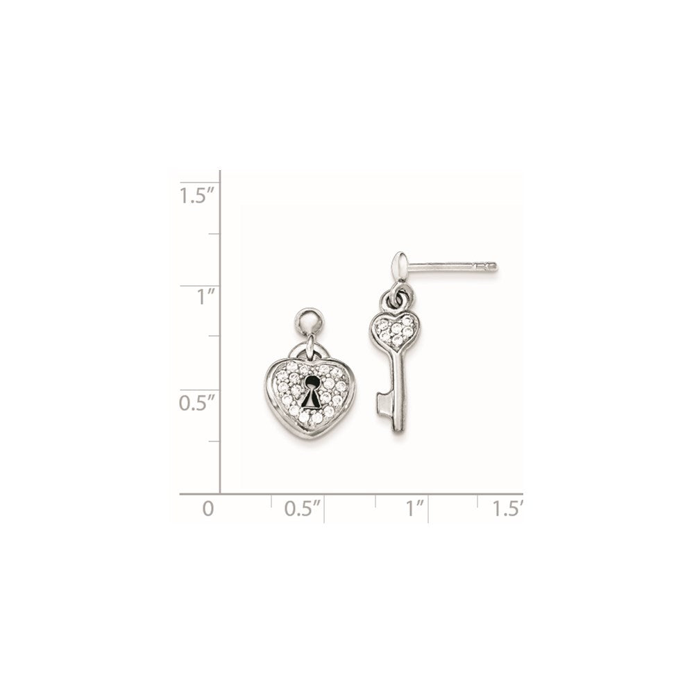 Sterling Silver Polished CZ Heart Lock & Key Post Dangle Earrings