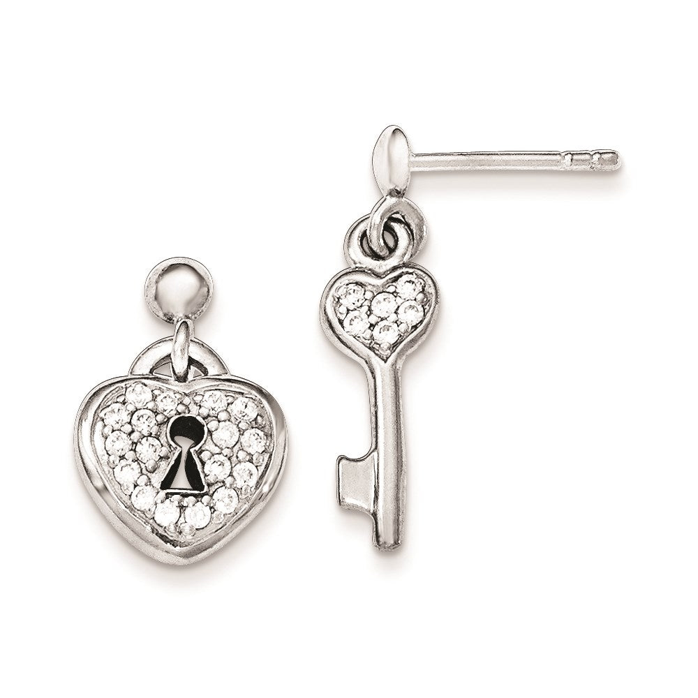 Sterling Silver Polished CZ Heart Lock & Key Post Dangle Earrings