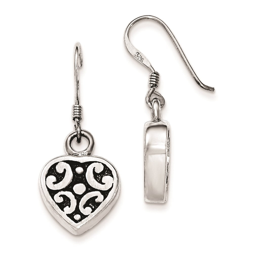 Sterling Silver Polished & Antiqued Heart Dangle Shepherd Hook Earrings