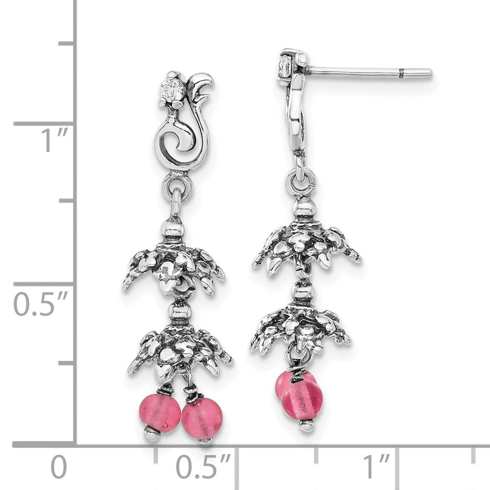 Sterling Silver Antiqued CZ & Glass Beads Post Dangle Earrings