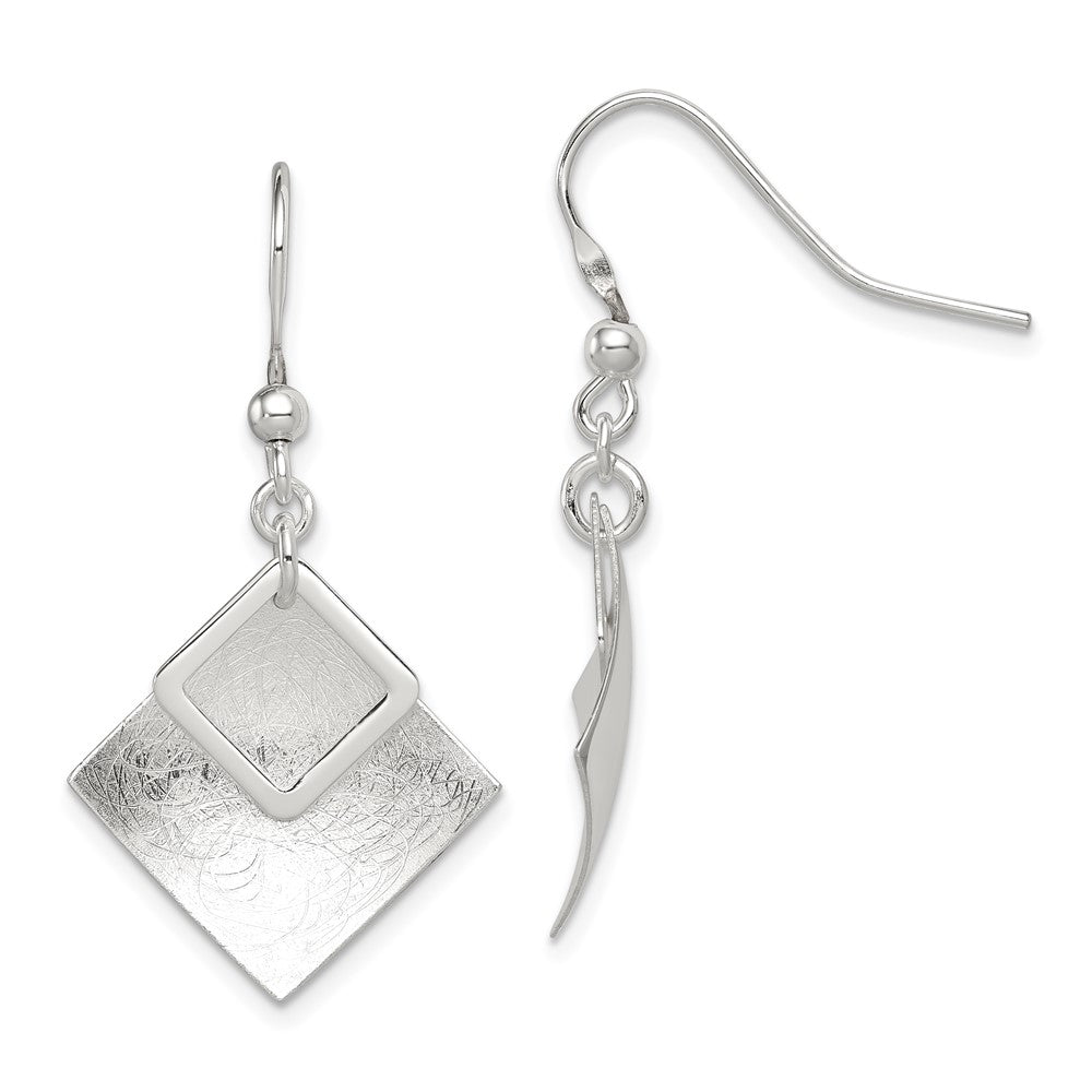 Sterling Silver Polished & Textured Double Diamond Shape Dangle Earrings