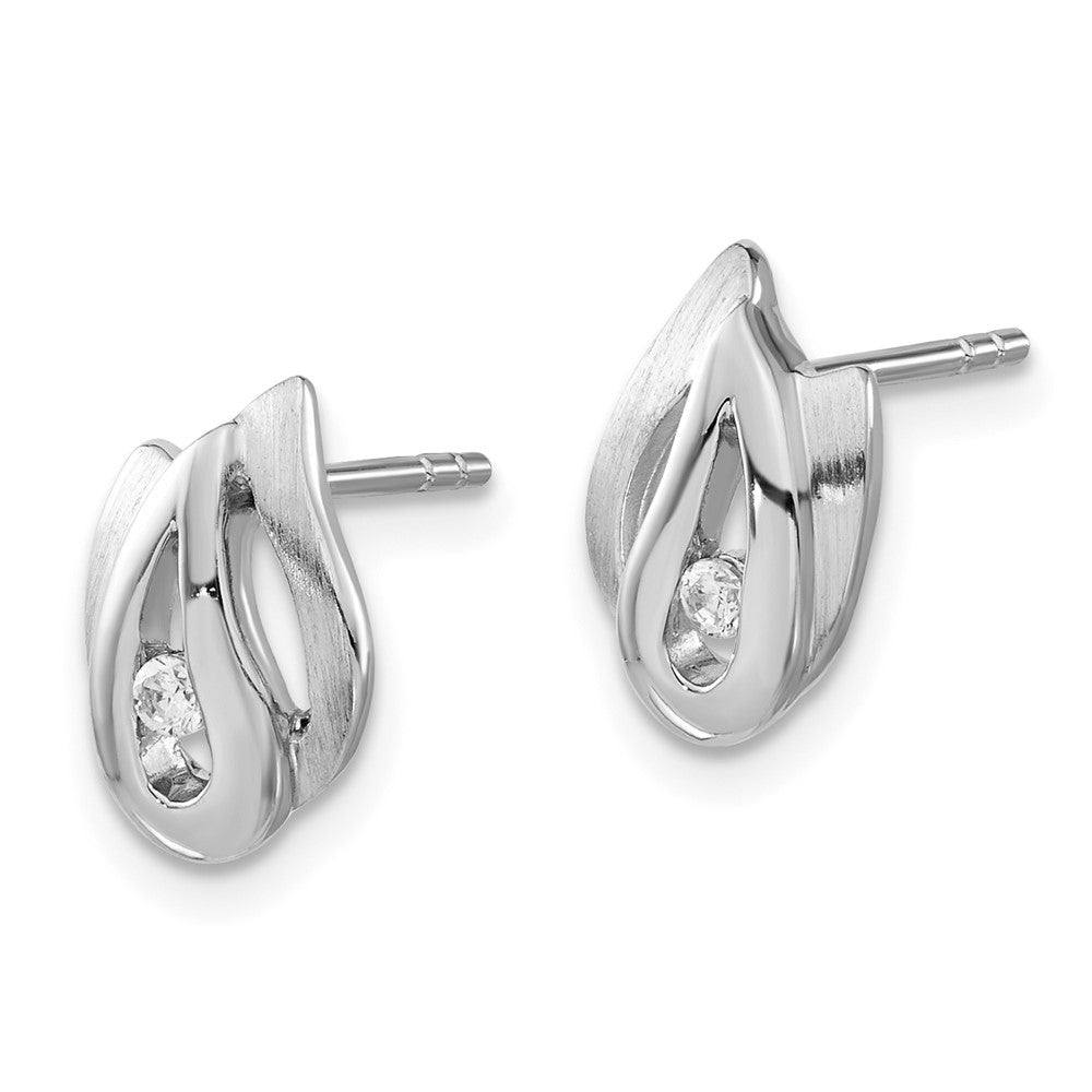 Sterling Silver Polished and Brushed CZ Post Earrings