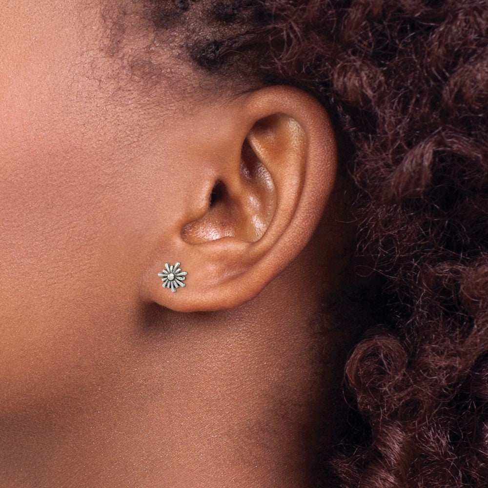 Sterling Silver Polished and Antiqued Flower Post Earrings