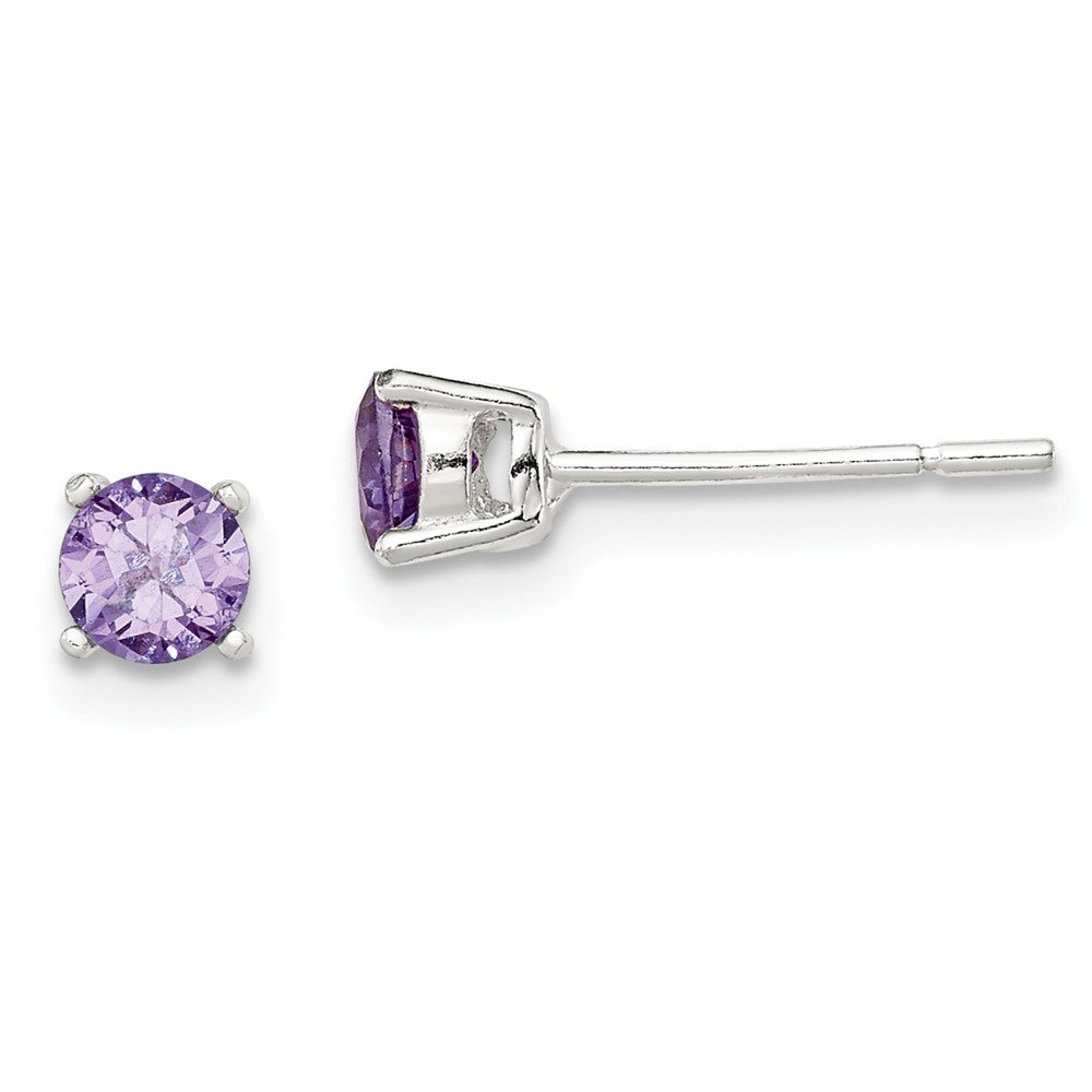 Sterling Silver Polished Round 4mm Purple CZ Stud Earrings