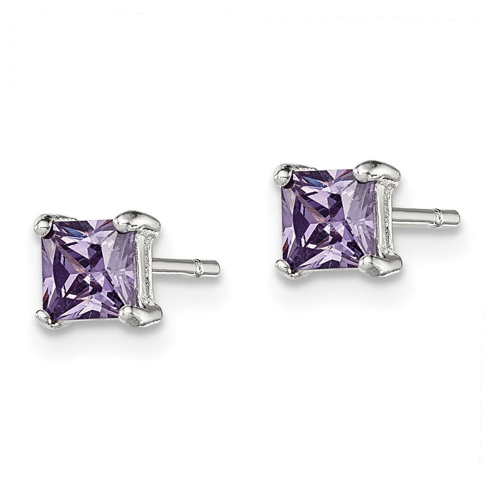 Sterling Silver Polished Square 4mm Purple CZ Stud Earrings