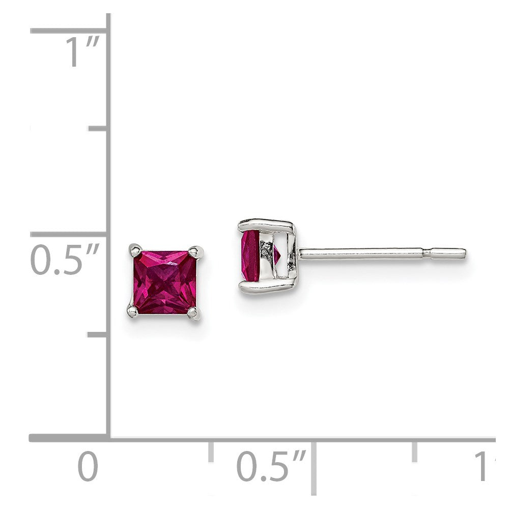 Sterling Silver Polished 4mm Square Red Glass Stud Earrings