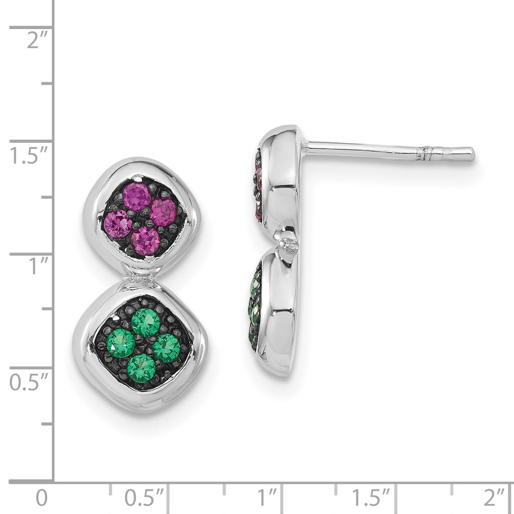 Sterling Silver Black Rhodium Synthetic Ruby & Synthetic Green Spinel Post Dangle Earrings