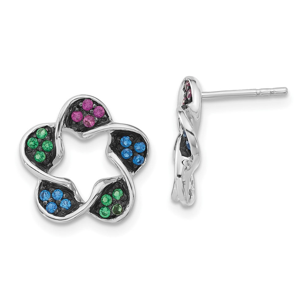 Sterling Silver w/ Black Rhodium Polished Synthetic Stones Flower Post Earrings